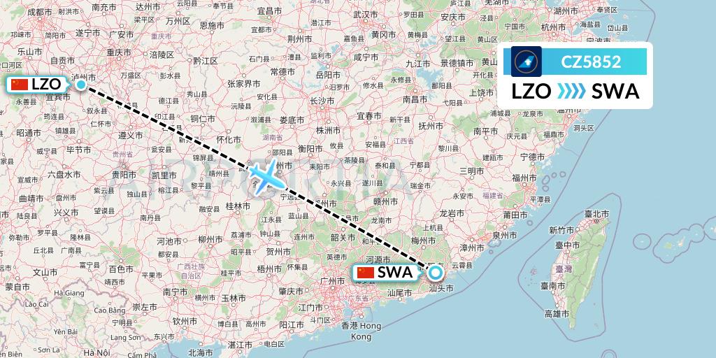 CZ5852 China Southern Airlines Flight Map: Luzhou to Jieyang