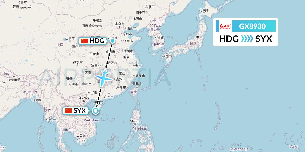 GX8930 GX Airlines Flight Map: Handan to Sanya