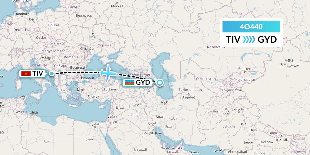 4O440 Air Montenegro Flight Map: Tivat to Baku