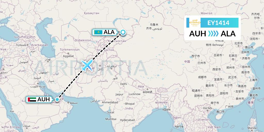 EY1414 Etihad Airways Flight Map: Abu Dhabi to Almaty