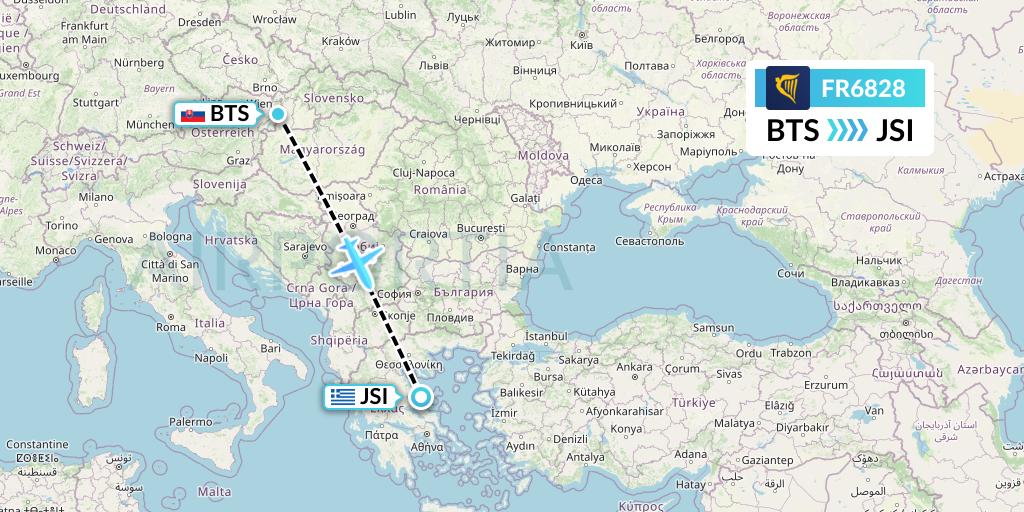 FR6828 Ryanair Flight Map: Bratislava to Skiathos