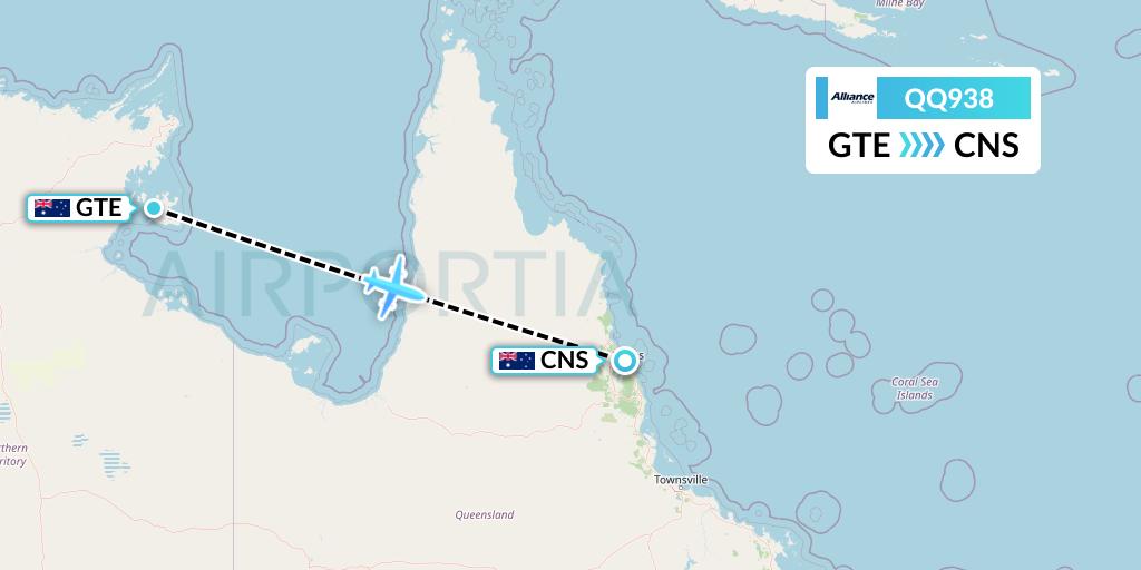 QQ938 Alliance Airlines Flight Map: Groote Eylandt to Cairns