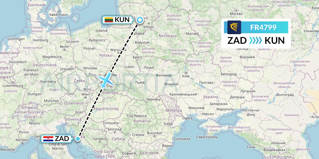 FR4799 Ryanair Flight Map: Zadar to Kaunas