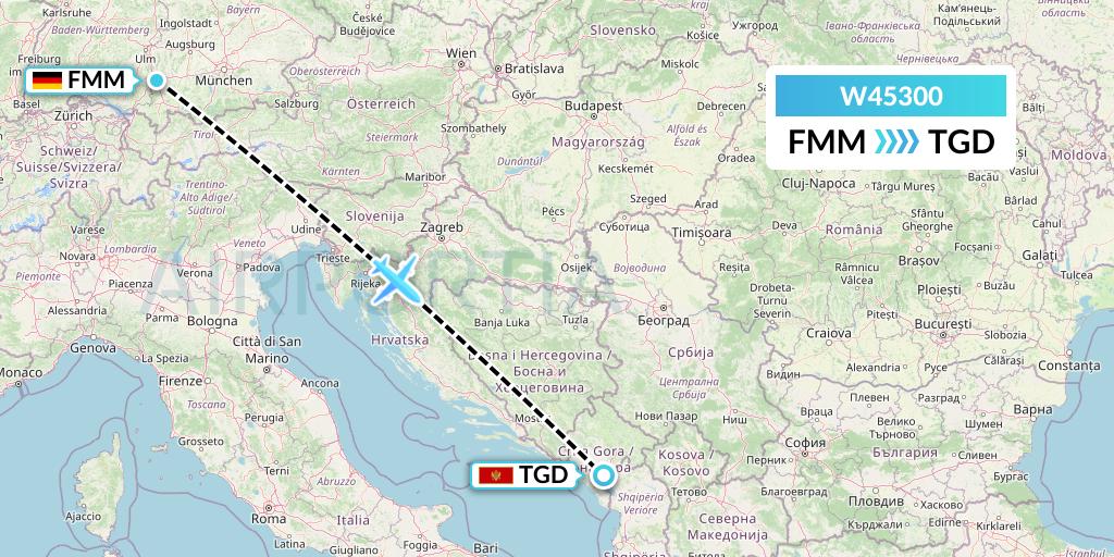 W45300 Wizz Air Malta Flight Map: Memmingen to Podgorica