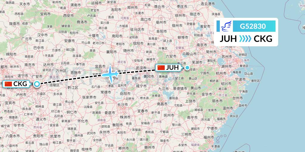 G52830 China Express Airlines Flight Map: Chizhou to Chongqing
