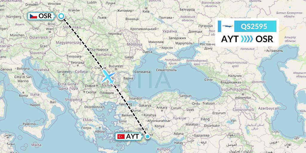 QS2595 Smartwings Flight Map: Antalya to Ostrava