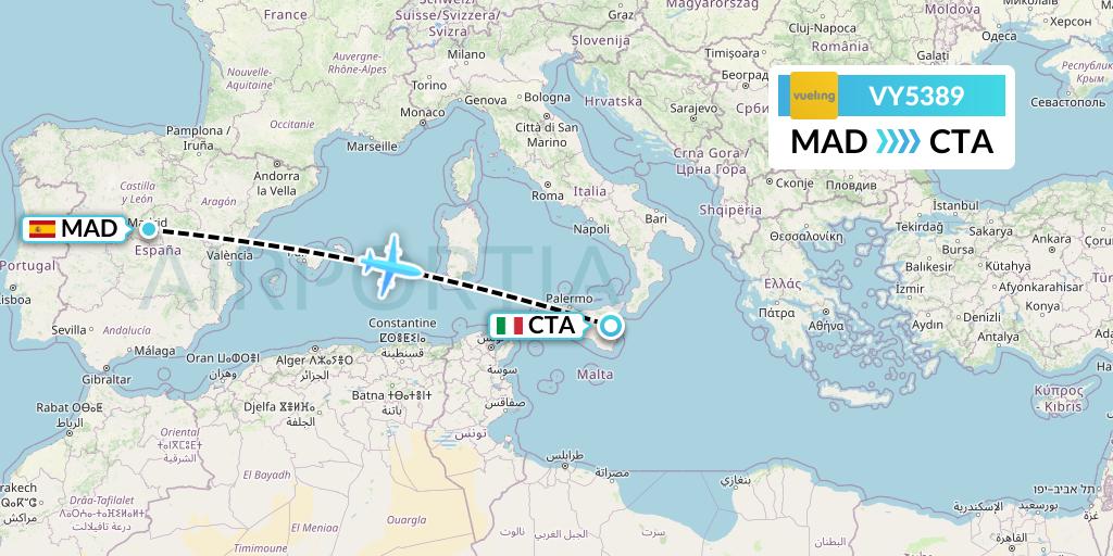 VY5389 Vueling Flight Map: Madrid to Catania