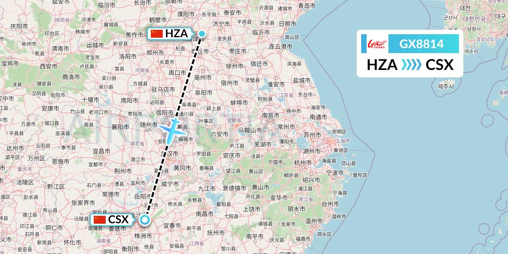 GX8814 GX Airlines Flight Map: Jinan to Changsha