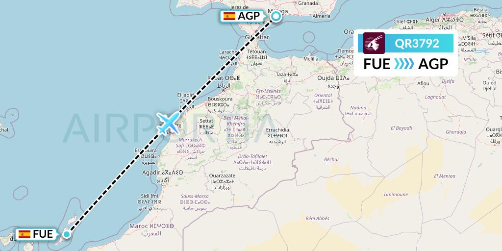 QR3792 Qatar Airways Flight Map: Fuerteventura to Malaga