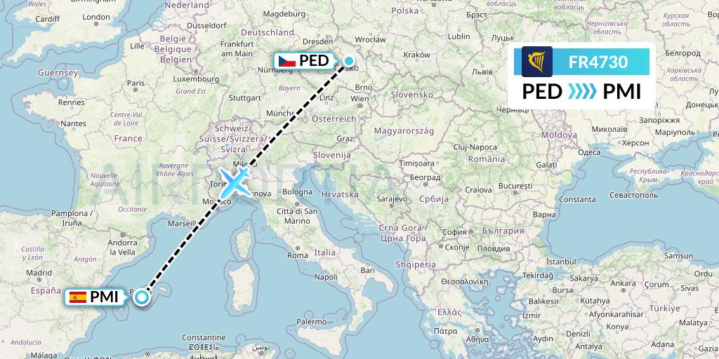FR4730 Ryanair Flight Map: Pardubice to Palma de Mallorca