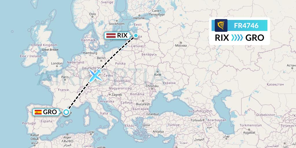 FR4746 Ryanair Flight Map: Riga to Girona