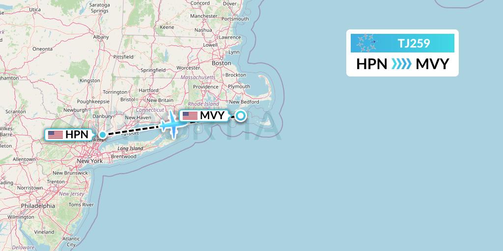 TJ259 Tradewind Aviation Flight Map: White Plains to Martha's Vineyard