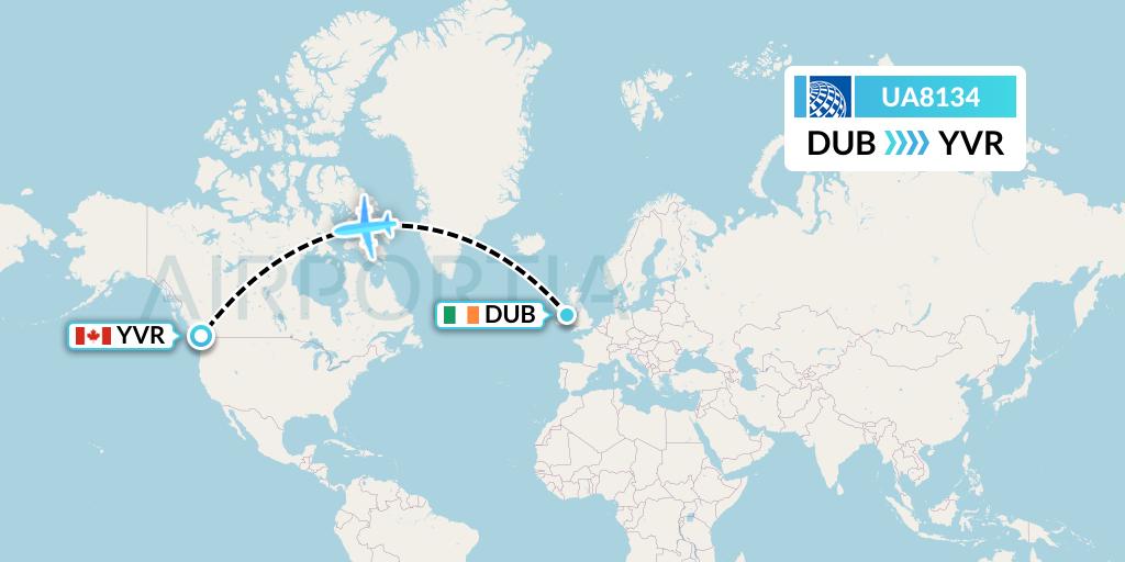 UA8134 United Airlines Flight Map: Dublin to Vancouver