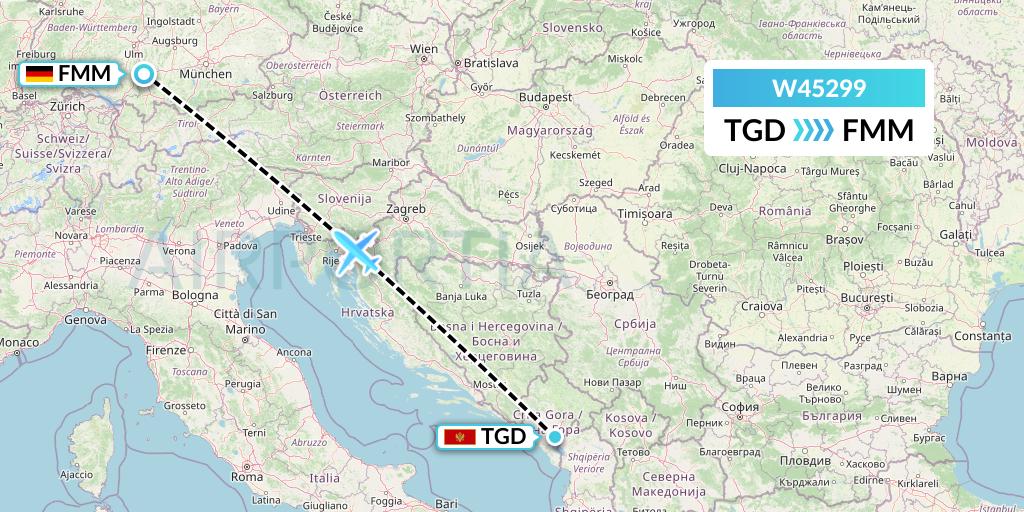 W45299 Wizz Air Malta Flight Map: Podgorica to Memmingen