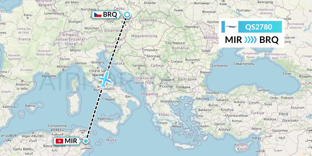 QS2780 Smartwings Flight Map: Monastir to Brno