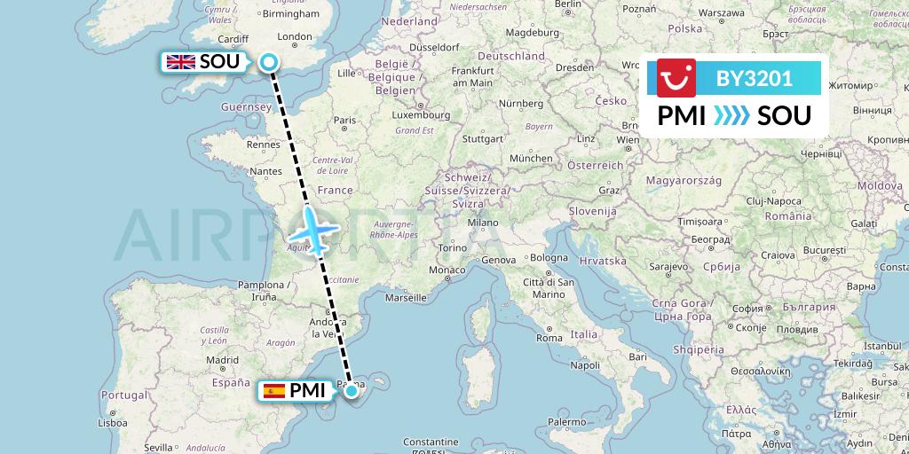 BY3201 TUI Airways Flight Map: Palma de Mallorca to Southampton