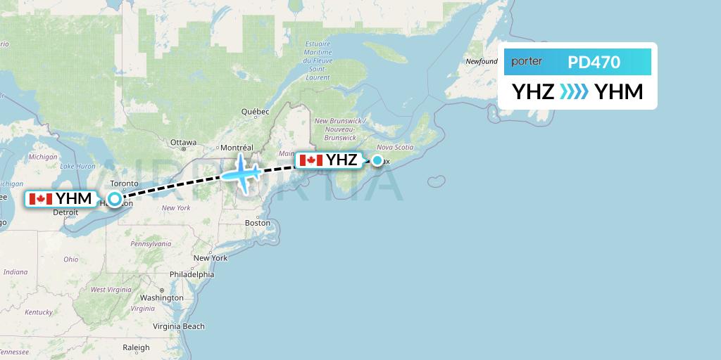 PD470 Porter Airlines Flight Map: Halifax to Hamilton