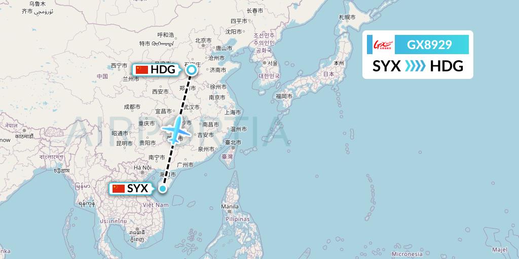 GX8929 GX Airlines Flight Map: Sanya to Handan