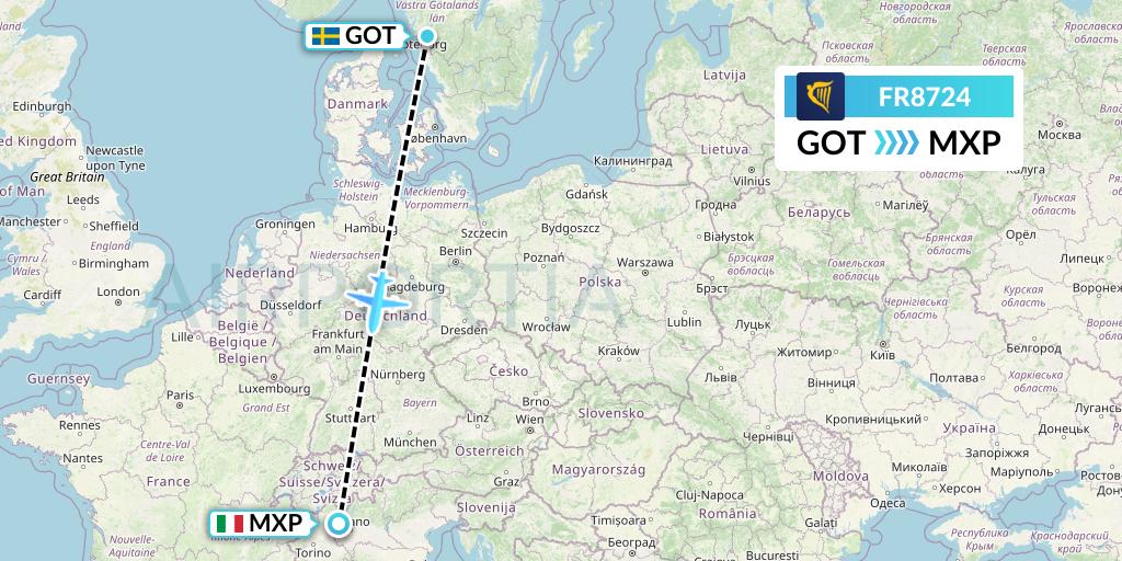 FR8724 Ryanair Flight Map: Gothenburg to Milan