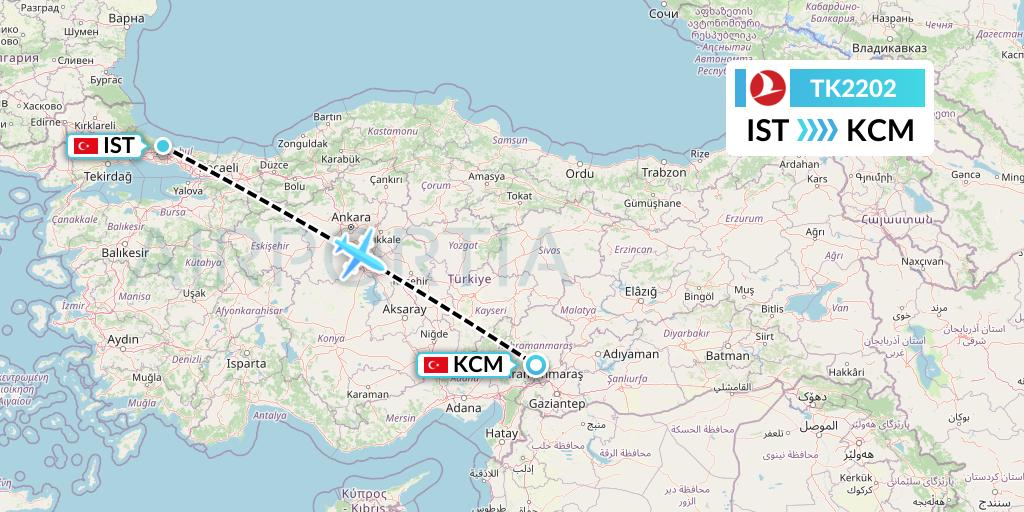 TK2202 Turkish Airlines Flight Map: Istanbul to Kahramanmaras