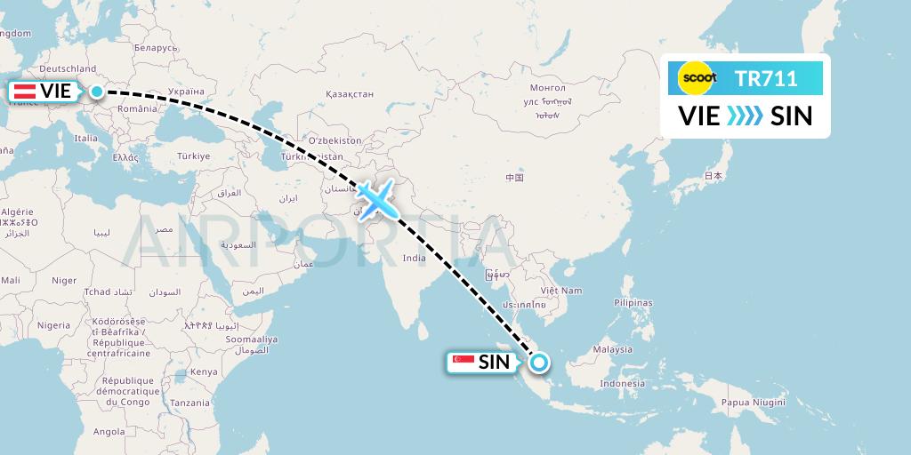 TR711 Tigerair Flight Map: Vienna to Singapore