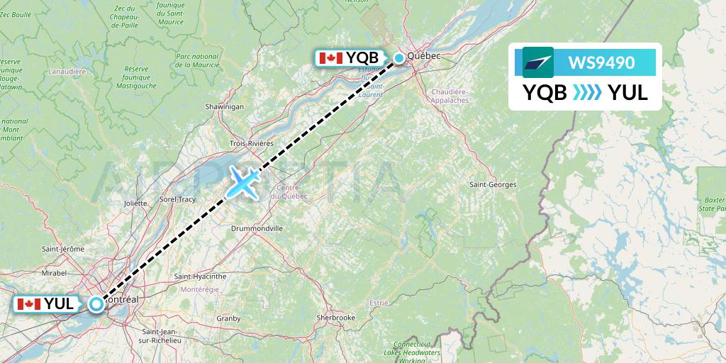 WS9490 WestJet Flight Map: Quebec to Montreal