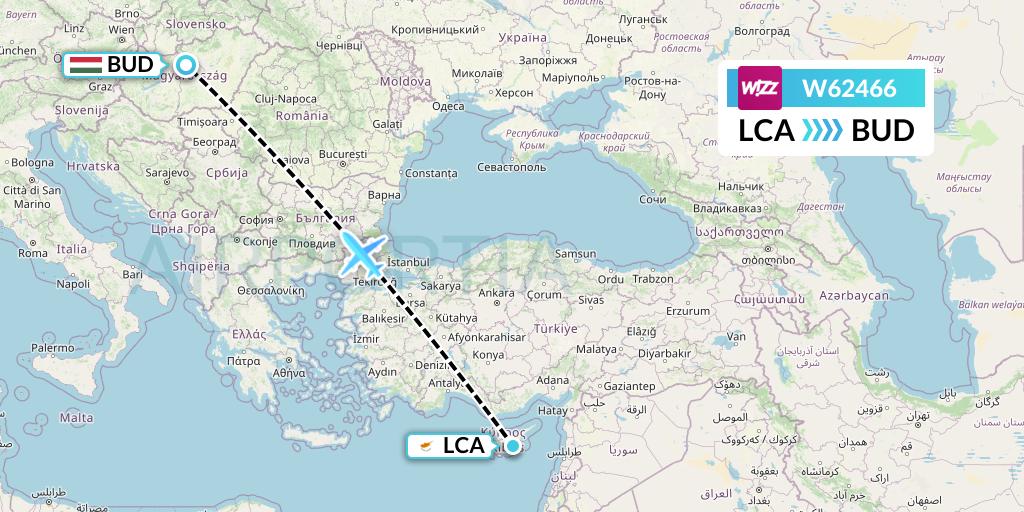 W62466 Wizz Air Flight Map: Larnaca to Budapest