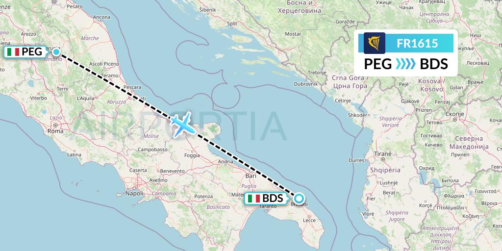 FR1615 Ryanair Flight Map: Perugia to Brindisi