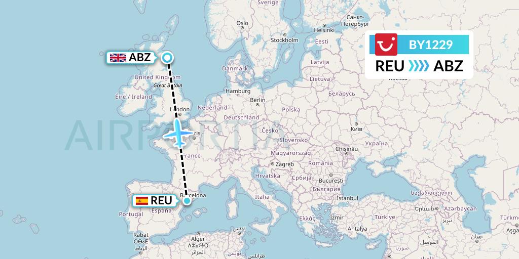 BY1229 TUI Airways Flight Map: Reus to Aberdeen