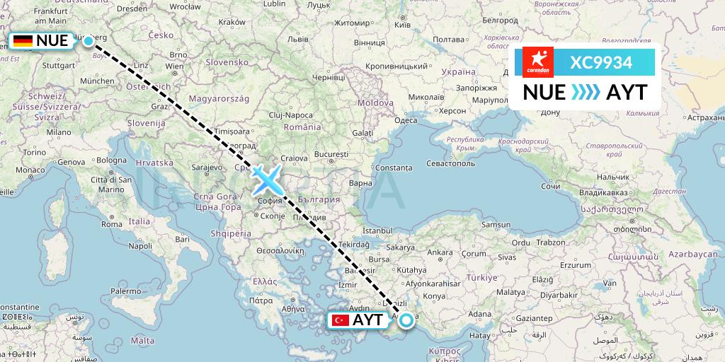 XC9934 Corendon Airlines Flight Map: Nurnberg to Antalya