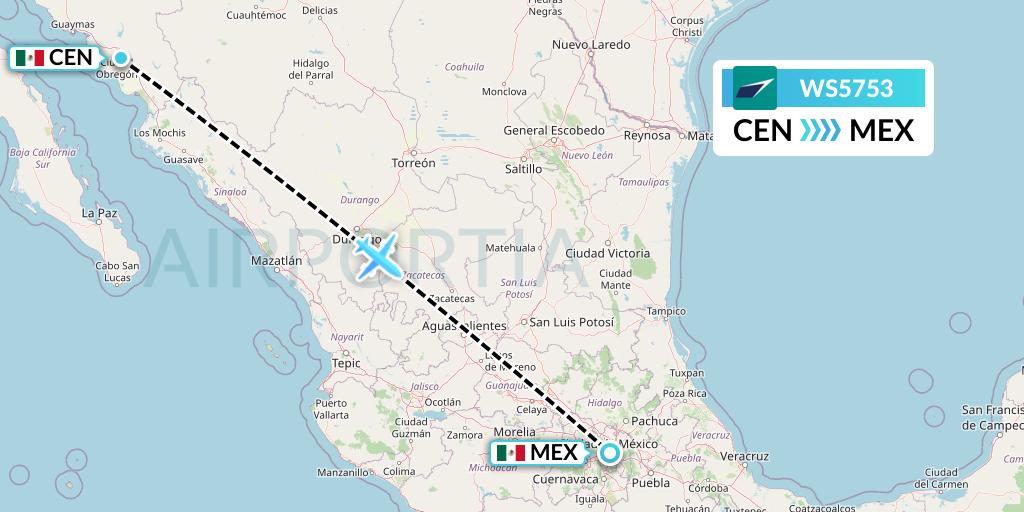 WS5753 WestJet Flight Map: Ciudad Obregon to Mexico City