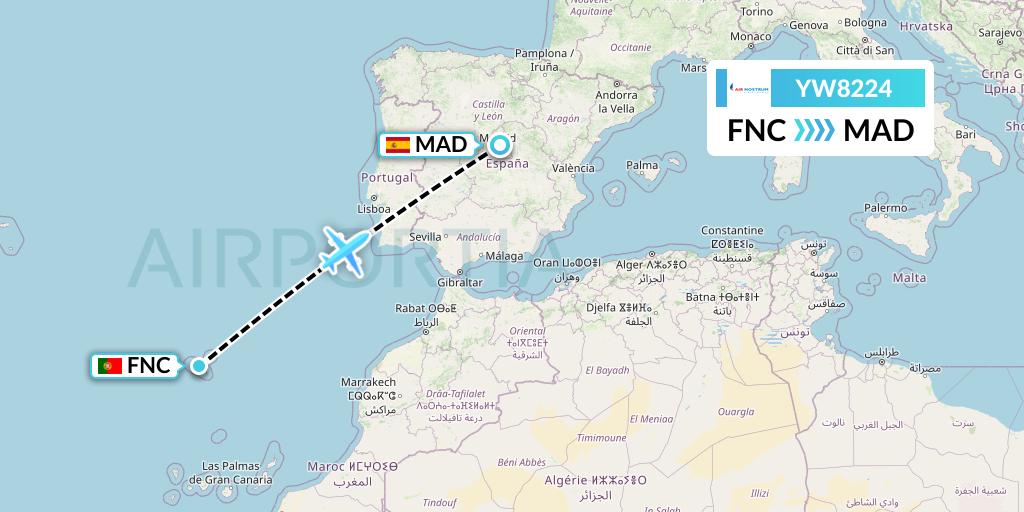 YW8224 Air Nostrum Flight Map: Funchal to Madrid