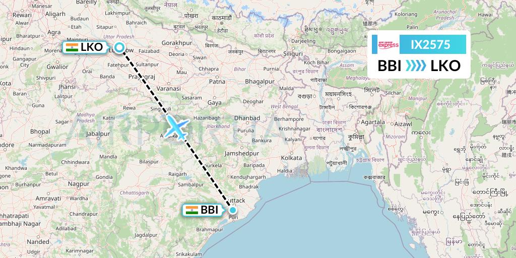 IX2575 Air India Express Flight Map: Bhubaneswar to Lucknow