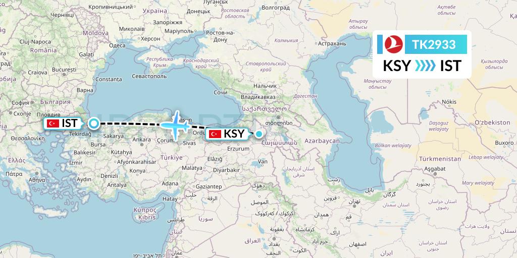 TK2933 Turkish Airlines Flight Map: Kars to Istanbul