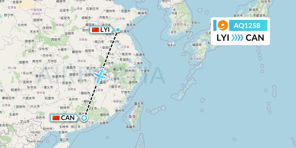AQ1258 9 Air Flight Map: Linyi to Guangzhou