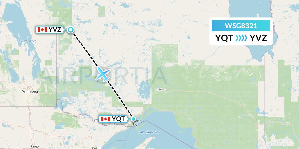 WSG8321 Wasaya Airways Flight Map: Thunder Bay to Deer Lake
