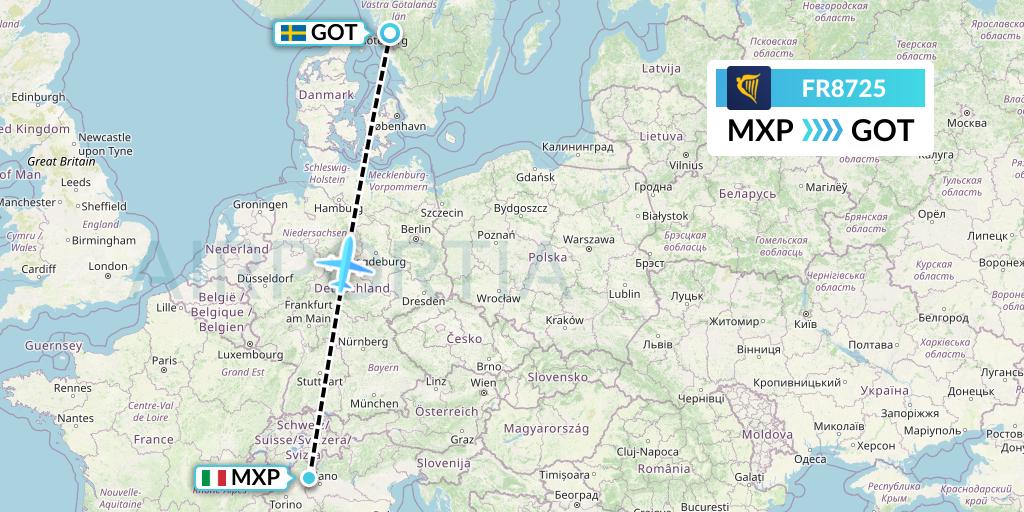 FR8725 Ryanair Flight Map: Milan to Gothenburg
