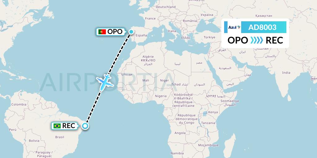 AD8003 Azul Brazilian Airlines Flight Map: Porto to Recife