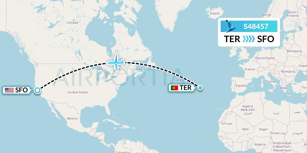 S48457 Azores Airlines Flight Map: Lajes to San Francisco