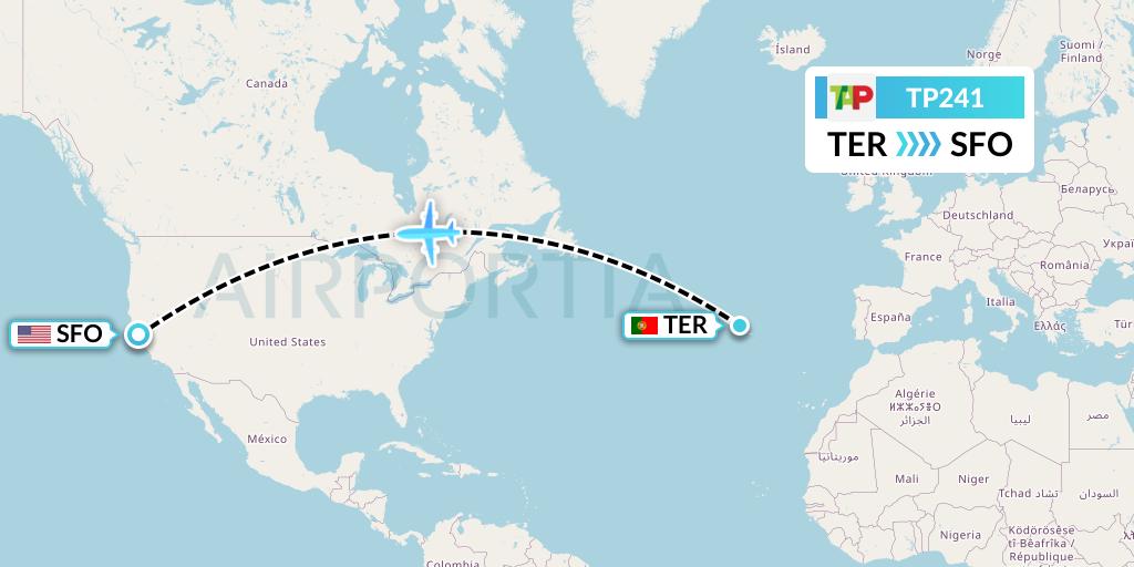 TP241 TAP Portugal Flight Map: Lajes to San Francisco