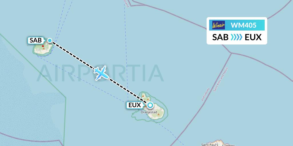 WM405 Winair Flight Map: Saba to Sint Eustatius