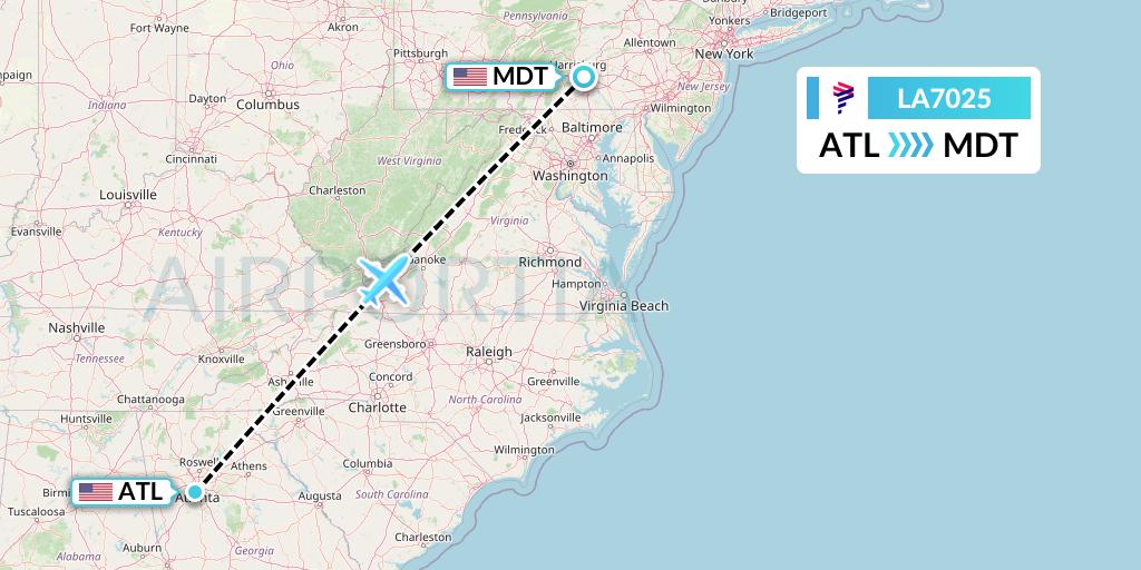 LA7025 LAN Airlines Flight Map: Atlanta to Harrisburg