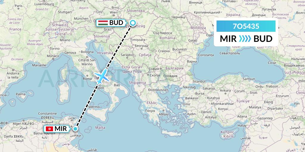 7O5435 Travel Service Hungary Flight Map: Monastir to Budapest