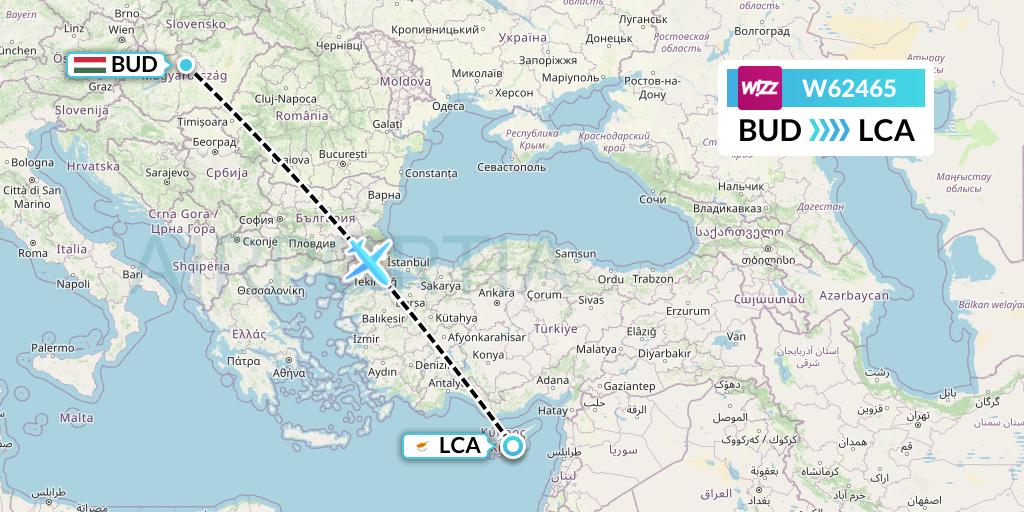 W62465 Wizz Air Flight Map: Budapest to Larnaca