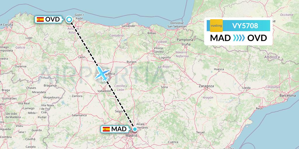 VY5708 Vueling Flight Map: Madrid to Asturias