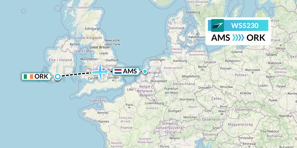 WS5230 WestJet Flight Map: Amsterdam to Cork