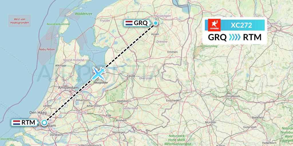 XC272 Corendon Airlines Flight Map: Groningen to Rotterdam