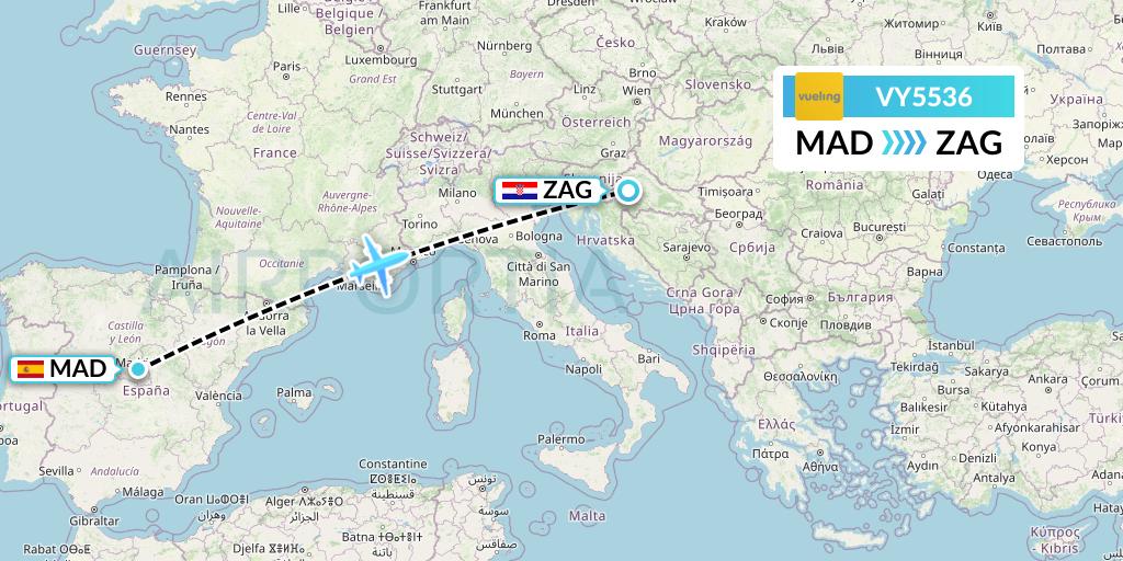 VY5536 Vueling Flight Map: Madrid to Zagreb