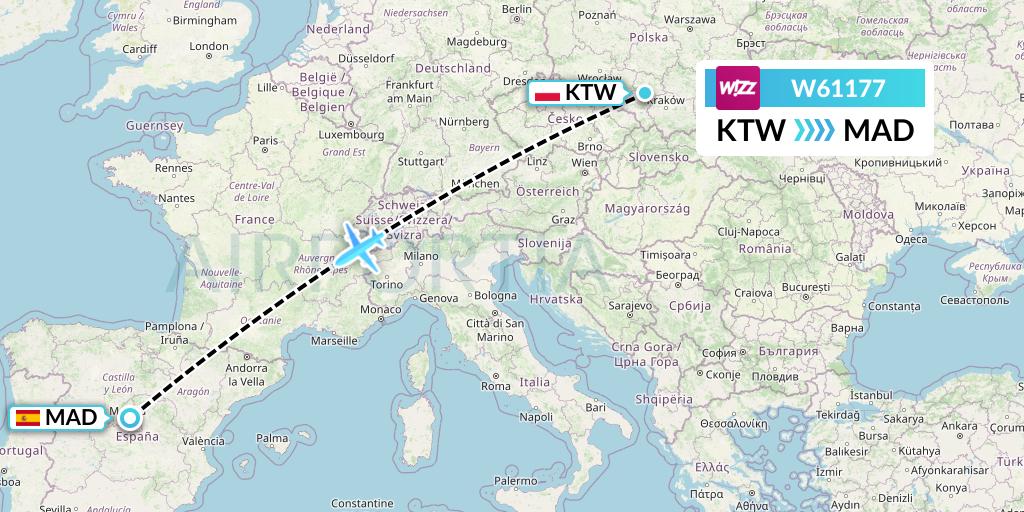 W61177 Wizz Air Flight Map: Katowice to Madrid