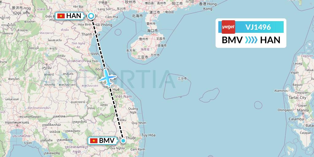 VJ1496 VietJet Air Flight Map: Buon Ma Thuot to Hanoi